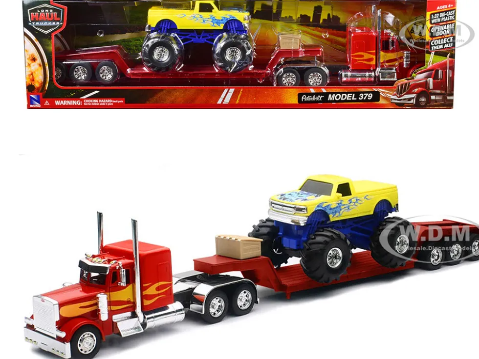 Peterbilt 379 Truck with Lowboy Trailer Red with Orange Flames and Monster Truck Yellow with Blue Flames Long Haul Truckers Series 1/32 Diecast Model New Ray SS-11263A