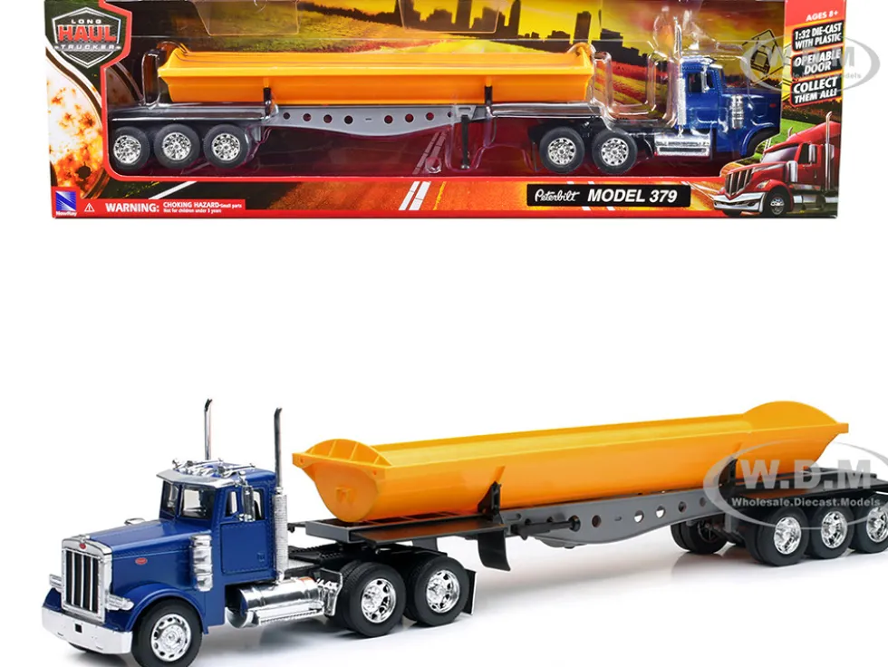 Peterbilt 379 Truck with Side Dump Blue and Yellow Long Haul Truckers Series 1/32 Diecast Model New Ray SS-10553