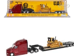 Peterbilt 579 UltraLoft Tandem Tractor Red Metallic with Lowboy Trailer and CAT D5M Dozer Yellow 1/87 (HO) Diecast Model Diecast Masters 84419