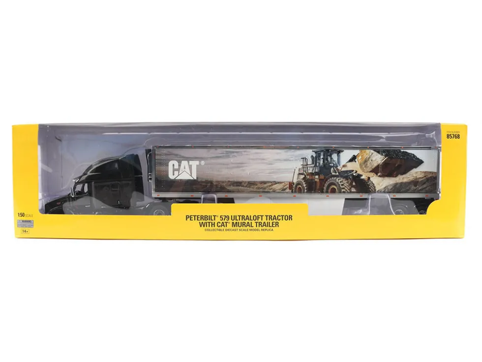 Peterbilt 579 UltraLoft Truck Tractor Black Metallic with "CAT Caterpillar" Mural Trailer "Transport Series" 1/50 Diecast Model by Diecast Masters
