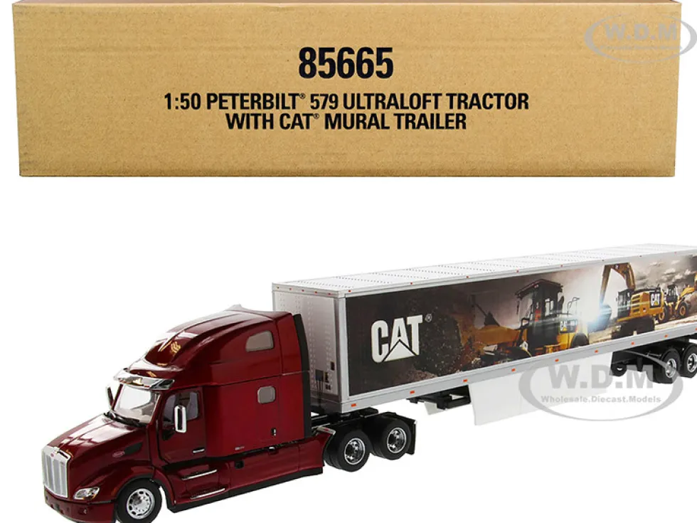 Peterbilt 579 UltraLoft Truck Tractor Red CAT Caterpillar Mural Dry Van Trailer Transport Series 1/50 Diecast Model Diecast Masters 85665