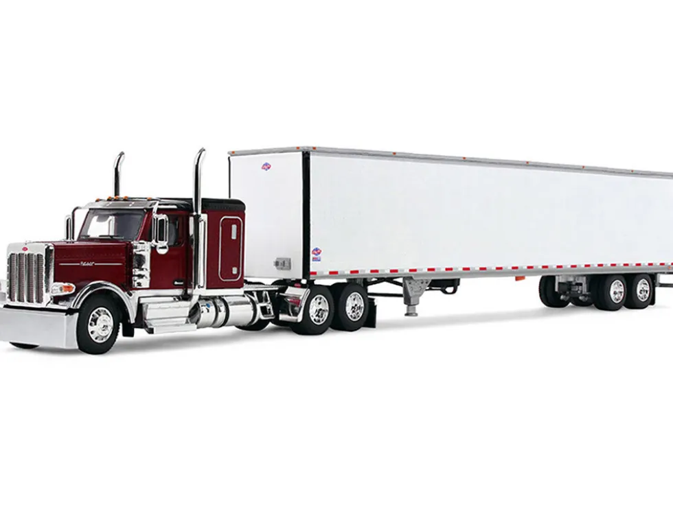 Peterbilt 589 with 58" Flat Top Sleeper and 53' Utility Trailer Legendary Red with Black Top 1/64 Diecast Model by DCP/First Gear