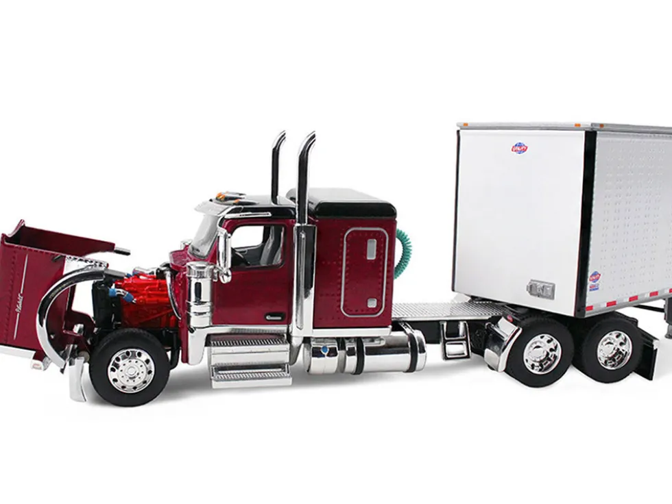 Peterbilt 589 with 58" Flat Top Sleeper and 53' Utility Trailer Legendary Red with Black Top 1/64 Diecast Model by DCP/First Gear