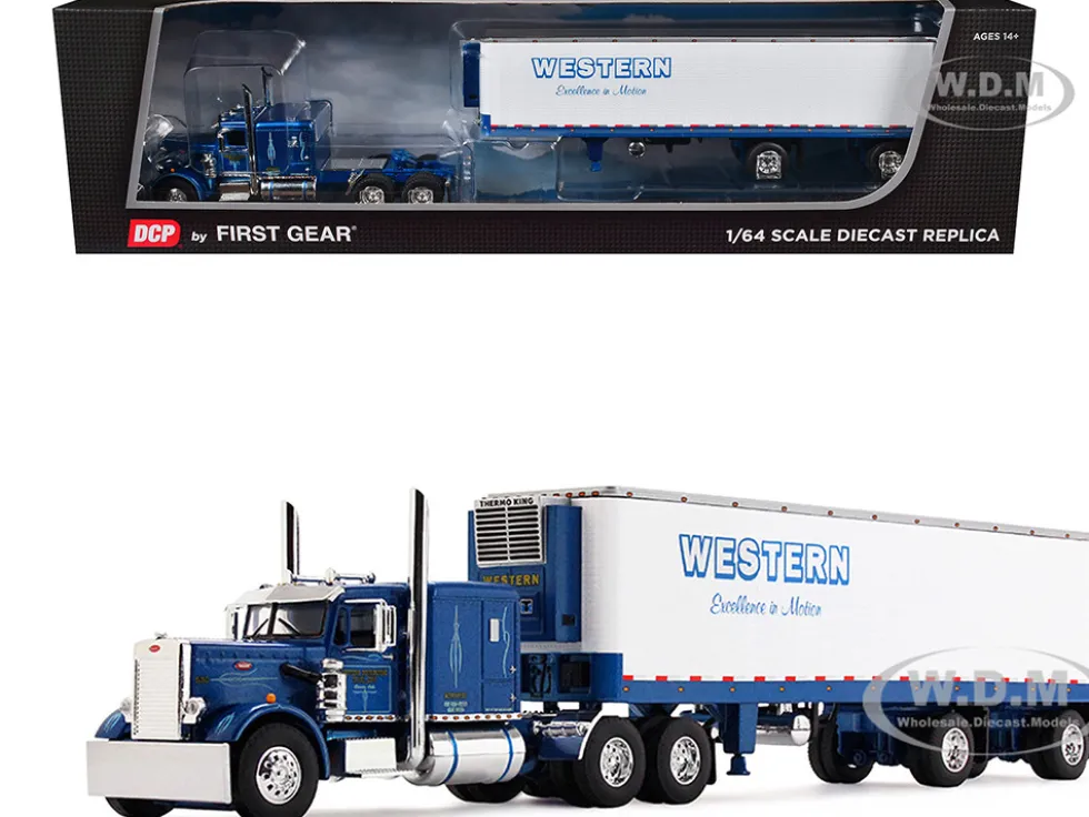 Peterbilt 351 with 63" Flat Top Sleeper and 40' Vintage Trailer with Reefer "Western Distributing" Blue Metallic and White 1/64 Diecast Model by DCP/First Gear