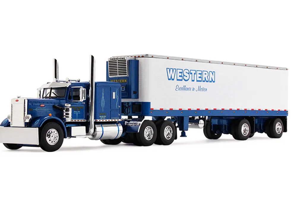 Peterbilt 351 with 63" Flat Top Sleeper and 40' Vintage Trailer with Reefer "Western Distributing" Blue Metallic and White 1/64 Diecast Model by DCP/First Gear