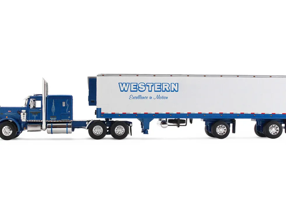 Peterbilt 351 with 63" Flat Top Sleeper and 40' Vintage Trailer with Reefer "Western Distributing" Blue Metallic and White 1/64 Diecast Model by DCP/First Gear