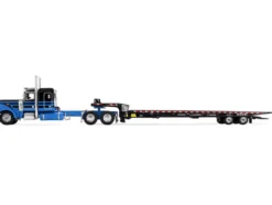 Peterbilt 389 with 48" Flat Top Sleeper and Landoll 440B-50CA Traveling Axle Trailer Black with Blue Stripes 1/64 Diecast Model by DCP/First Gear