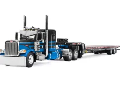 Peterbilt 389 with 48" Flat Top Sleeper and Landoll 440B-50CA Traveling Axle Trailer Black with Blue Stripes 1/64 Diecast Model by DCP/First Gear