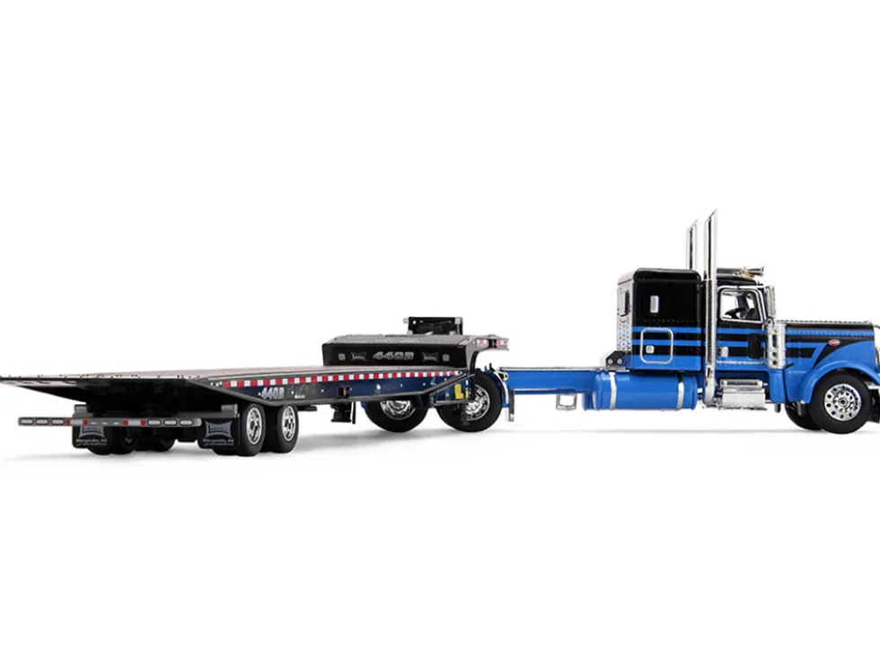 Peterbilt 389 with 48" Flat Top Sleeper and Landoll 440B-50CA Traveling Axle Trailer Black with Blue Stripes 1/64 Diecast Model by DCP/First Gear