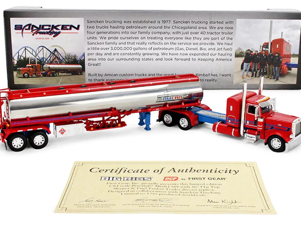 Peterbilt 389 with 36" Flat Top Sleeper and Heil Fuel Tank Trailer "Sancken Custom Truck by Amcan" Red "Big Rigs" Series II #3 1/64 Diecast Model by DCP/First Gear