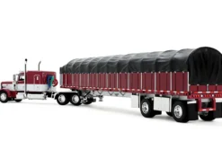 Peterbilt 389 with 63" Flat Top Sleeper and 53’ Wilson Roadbrute Flatbed Trailer with Covered Wagon Maroon with White Stripes 1/64 Diecast Model by DCP/First Gear