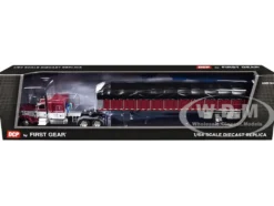 Peterbilt 389 with 63" Flat Top Sleeper and 53’ Wilson Roadbrute Flatbed Trailer with Covered Wagon Maroon with White Stripes 1/64 Diecast Model by DCP/First Gear