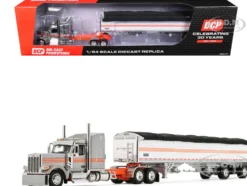 Peterbilt 589 with 58" Mid-Roof Sleeper and 50' Wilson Pacesetter Grain Trailer Silver Metallic with Orange Stripes 1/64 Diecast Model by DCP/First Gear