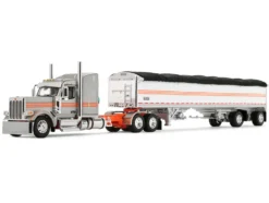 Peterbilt 589 with 58" Mid-Roof Sleeper and 50' Wilson Pacesetter Grain Trailer Silver Metallic with Orange Stripes 1/64 Diecast Model by DCP/First Gear