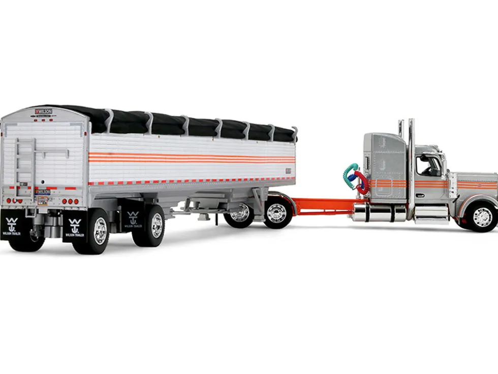 Peterbilt 589 with 58" Mid-Roof Sleeper and 50' Wilson Pacesetter Grain Trailer Silver Metallic with Orange Stripes 1/64 Diecast Model by DCP/First Gear