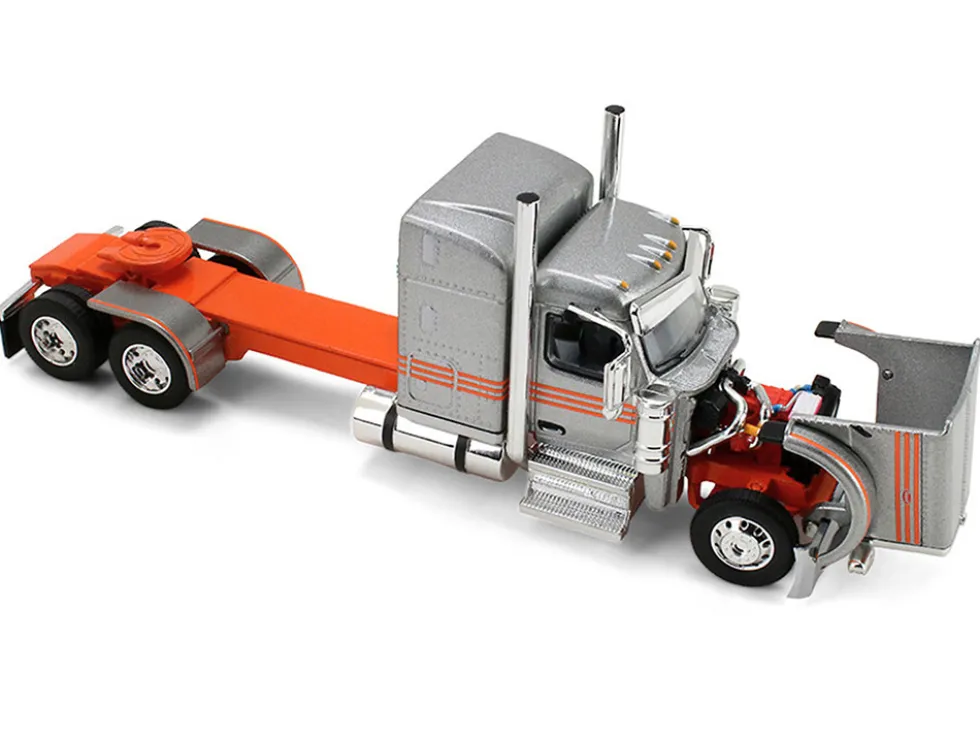 Peterbilt 589 with 58" Mid-Roof Sleeper and 50' Wilson Pacesetter Grain Trailer Silver Metallic with Orange Stripes 1/64 Diecast Model by DCP/First Gear