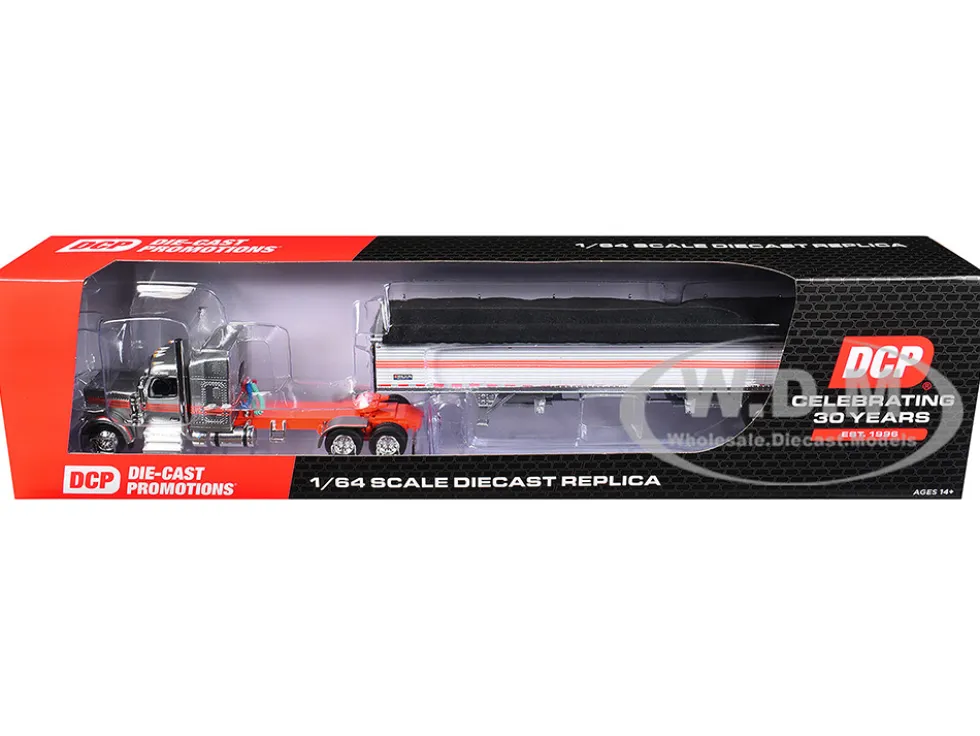 Peterbilt 589 with 58" Mid-Roof Sleeper and 50' Wilson Pacesetter Grain Trailer Silver Metallic with Orange Stripes 1/64 Diecast Model by DCP/First Gear