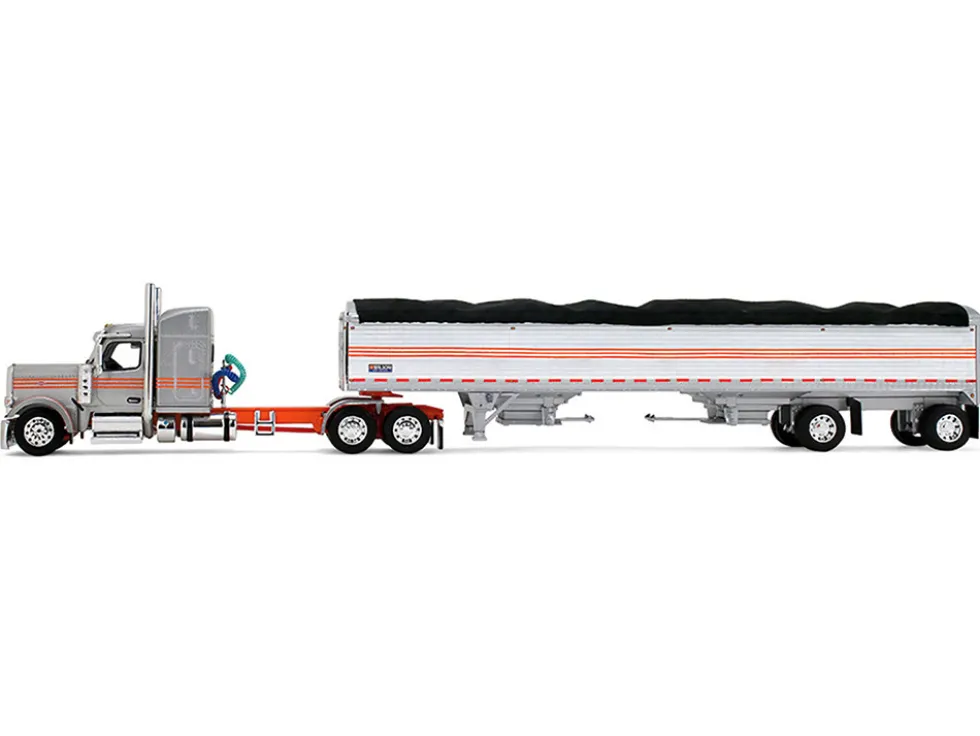 Peterbilt 589 with 58" Mid-Roof Sleeper and 50' Wilson Pacesetter Grain Trailer Silver Metallic with Orange Stripes 1/64 Diecast Model by DCP/First Gear