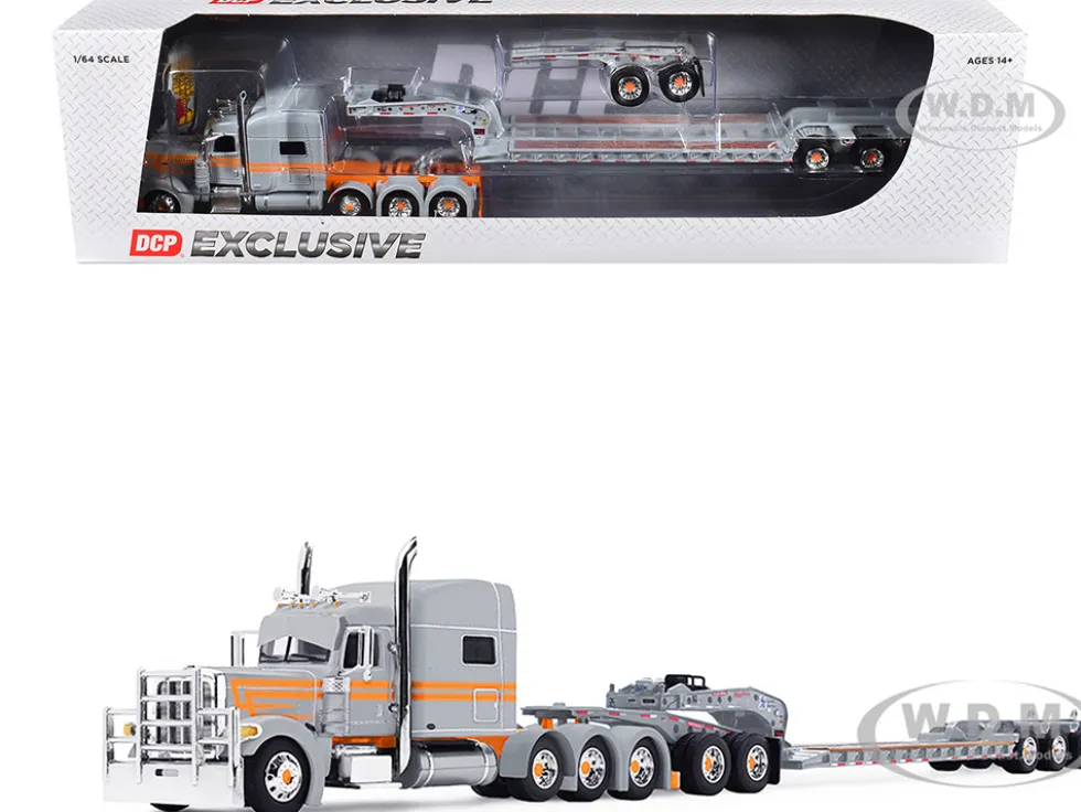 Peterbilt 389 with 70" Mid-Roof Sleeper and Fontaine Magnitude Tri-Axle Lowboy Trailer with Jeep "Capitola Trucking" Gray with Orange Stripes 1/64 Diecast Model by DCP/First Gear