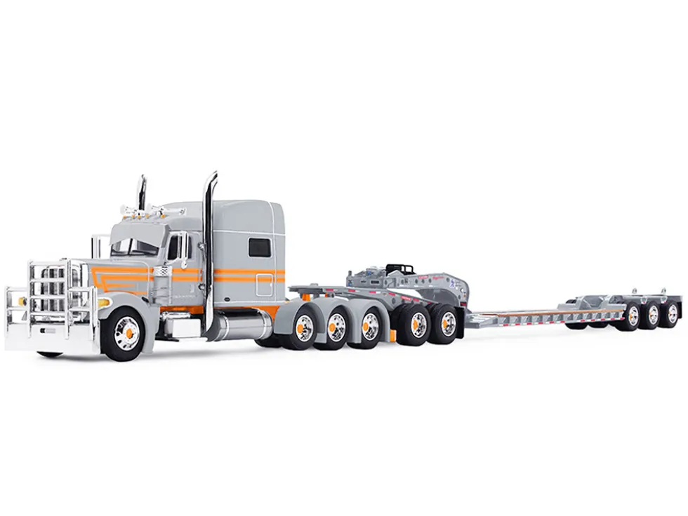 Peterbilt 389 with 70" Mid-Roof Sleeper and Fontaine Magnitude Tri-Axle Lowboy Trailer with Jeep "Capitola Trucking" Gray with Orange Stripes 1/64 Diecast Model by DCP/First Gear