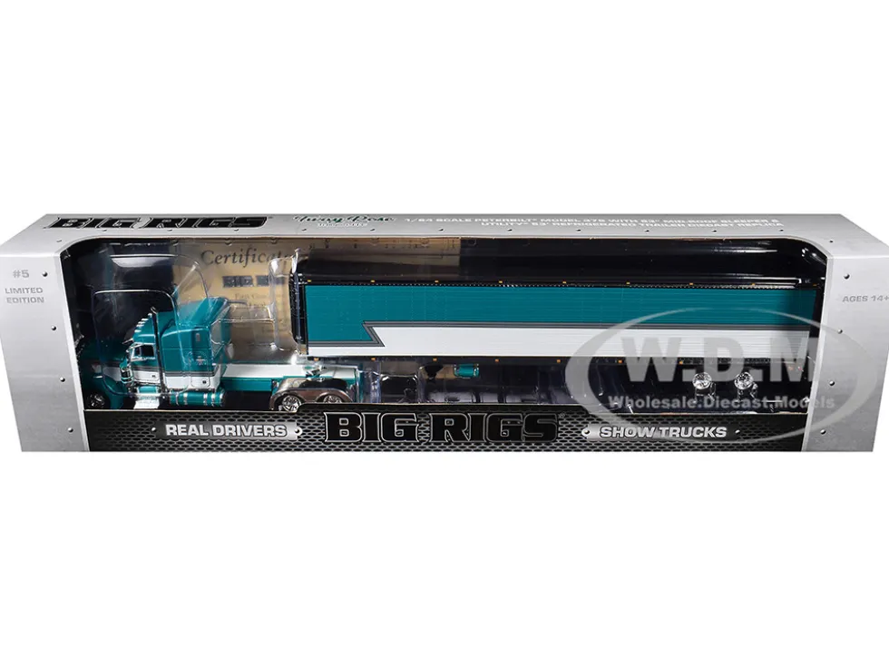 Peterbilt 379 with 63" Mid-Roof Sleeper and 53' Utility Trailer with Reefer "Tway Rose Transport" Teal and White with Stripes "Big Rigs" Series II #5 1/64 Diecast Model by DCP/First Gear