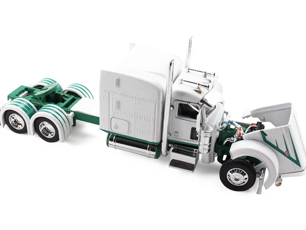 Peterbilt 389 with 63" Mid-Roof Sleeper and 53' Utility Trailer White with Green Stripes 1/64 Diecast Model by DCP/First Gear
