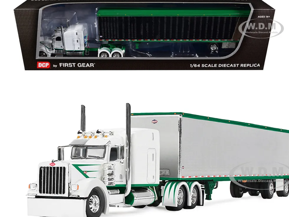 Peterbilt 389 with 63" Mid-Roof Sleeper and 53' Utility Trailer White with Green Stripes 1/64 Diecast Model by DCP/First Gear