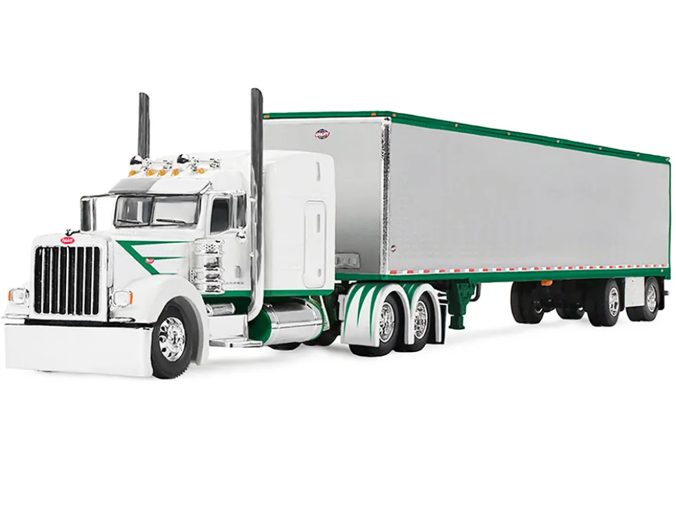 Peterbilt 389 with 63" Mid-Roof Sleeper and 53' Utility Trailer White with Green Stripes 1/64 Diecast Model by DCP/First Gear