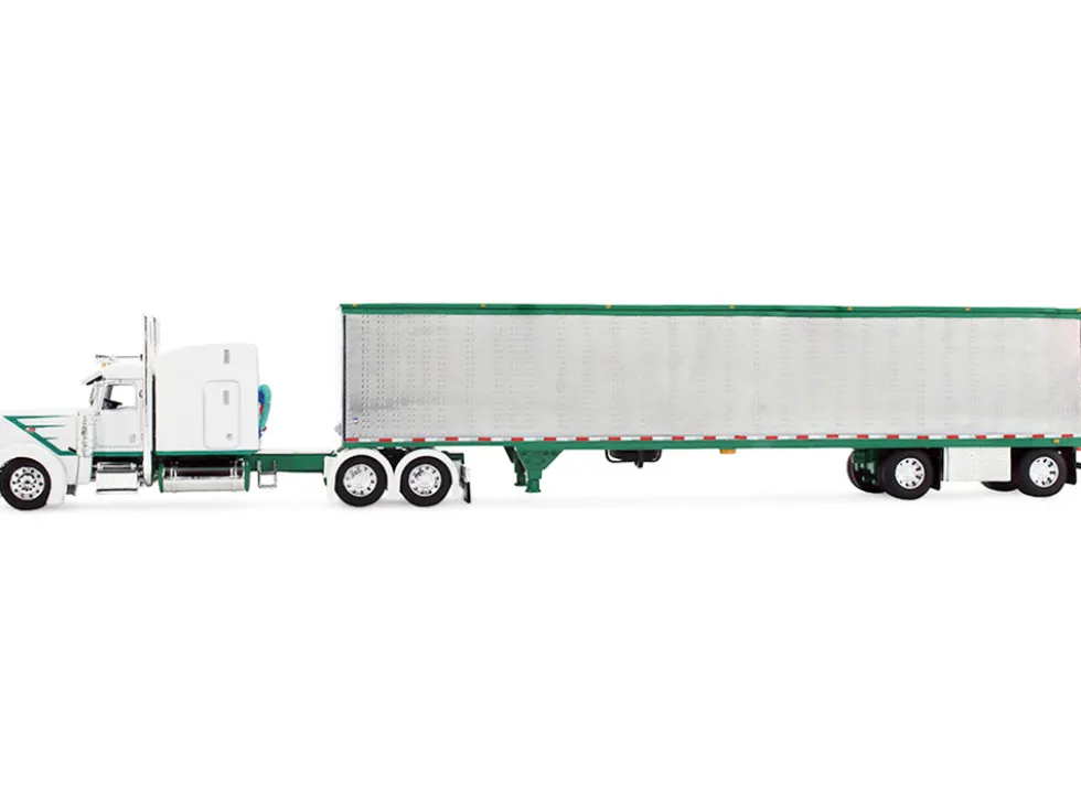 Peterbilt 389 with 63" Mid-Roof Sleeper and 53' Utility Trailer White with Green Stripes 1/64 Diecast Model by DCP/First Gear