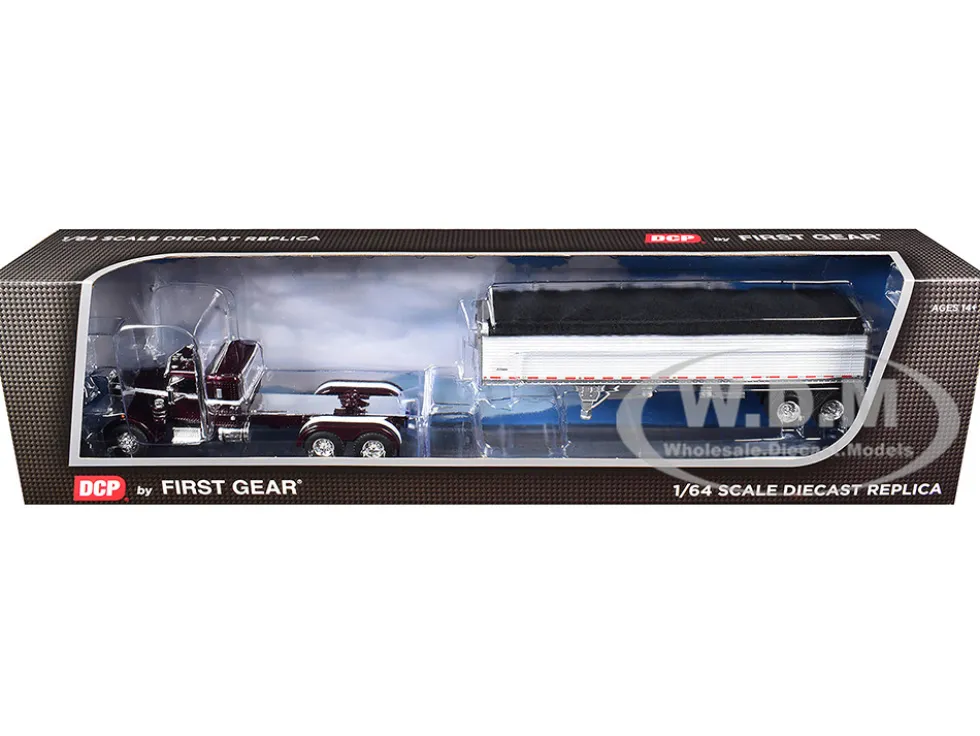 Peterbilt 351 with 36" Sleeper and 34' Wilson Pacesetter Grain Trailer Dark Cherry with White Stripes 1/64 Diecast Model by DCP/First Gear