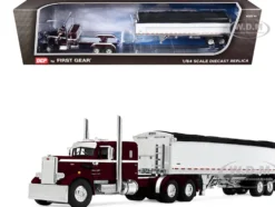 Peterbilt 351 with 36" Sleeper and 34' Wilson Pacesetter Grain Trailer Dark Cherry with White Stripes 1/64 Diecast Model by DCP/First Gear