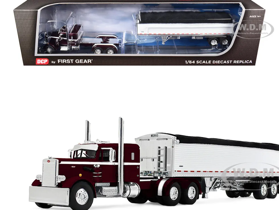 Peterbilt 351 with 36" Sleeper and 34' Wilson Pacesetter Grain Trailer Dark Cherry with White Stripes 1/64 Diecast Model by DCP/First Gear