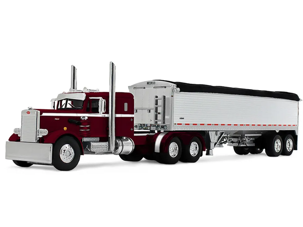 Peterbilt 351 with 36" Sleeper and 34' Wilson Pacesetter Grain Trailer Dark Cherry with White Stripes 1/64 Diecast Model by DCP/First Gear