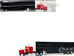 Peterbilt with Sleeper Cab Red with Black Livestock Trailer 1/87 (HO) Plastic Model Car by Promotex