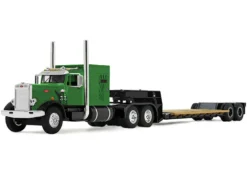 Peterbilt 351 with 60" Vintage Sleeper and Rogers Vintage Lowboy Trailer Green with Black Trailer 1/64 Diecast Model by DCP/First Gear