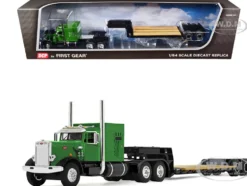 Peterbilt 351 with 60" Vintage Sleeper and Rogers Vintage Lowboy Trailer Green with Black Trailer 1/64 Diecast Model by DCP/First Gear