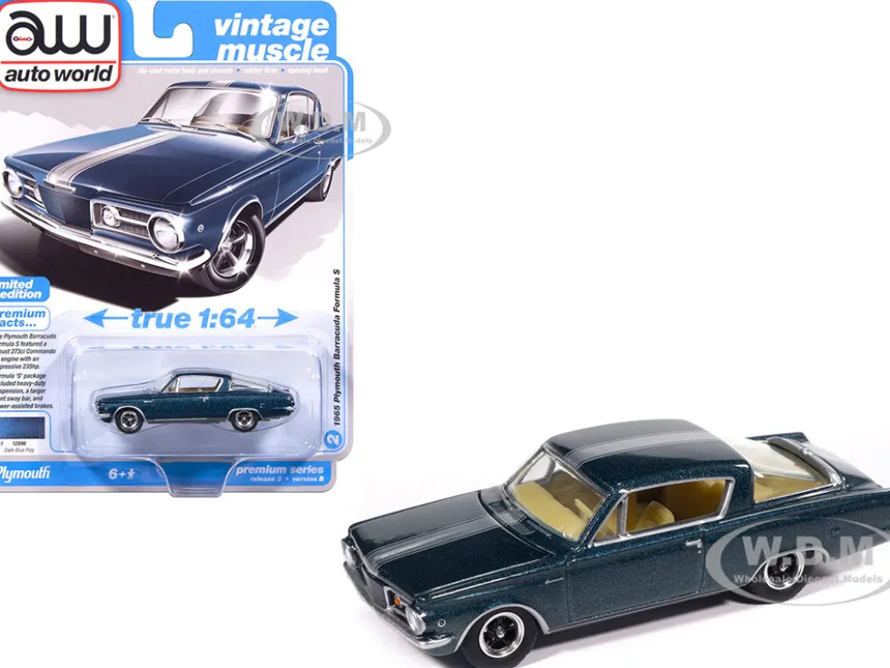 1965 Plymouth Barracuda Formula S Dark Blue Metallic with Silver Stripe "Vintage Muscle" Series 1/64 Diecast Model Car by Auto World