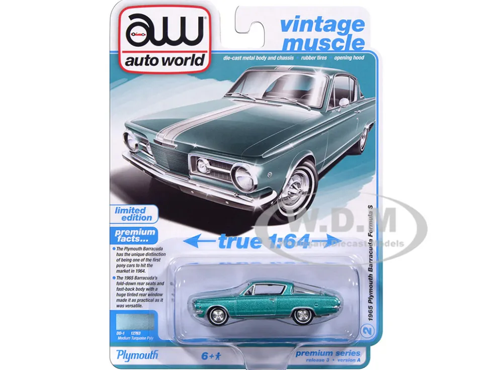 1965 Plymouth Barracuda Formula S Turquoise Metallic with White Stripe "Vintage Muscle" Series 1/64 Diecast Model Car by Auto World