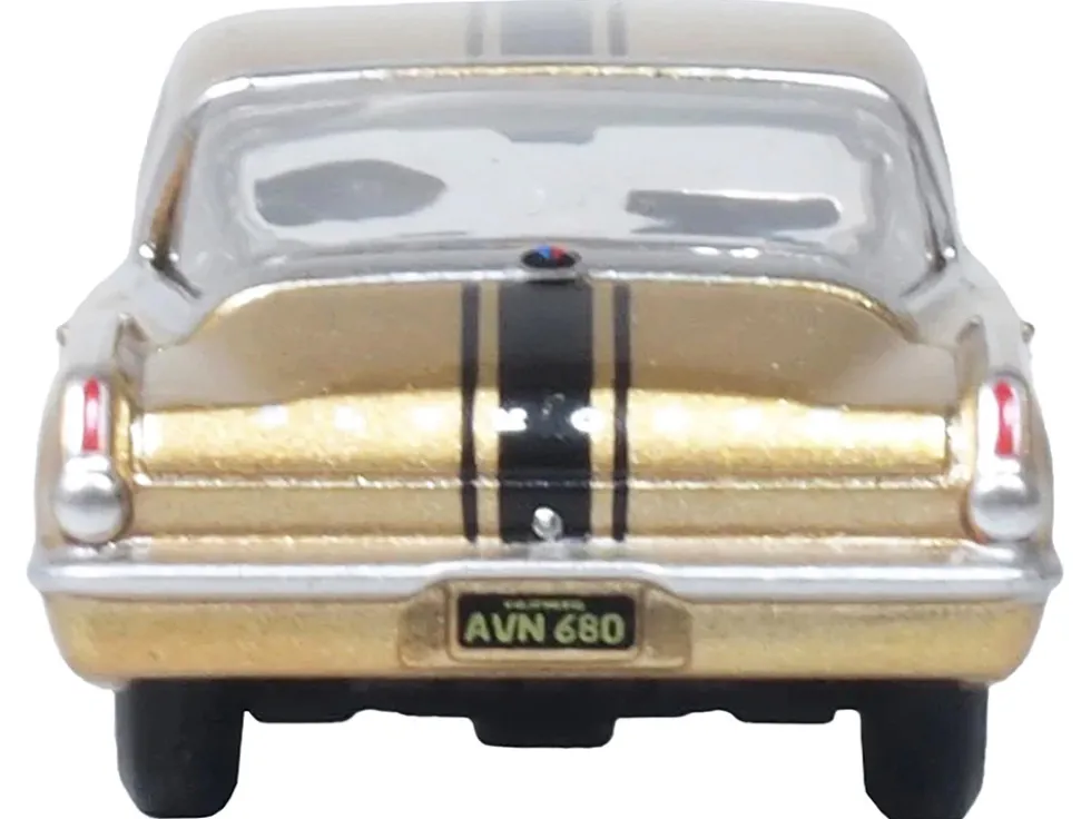 1965 Plymouth Barracuda Gold Metallic with Black Stripes 1/87 (HO) Scale Diecast Model Car by Oxford Diecast