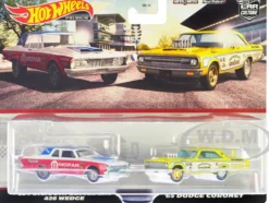 1963 Plymouth Belvedere 426 Wedge MOPAR White and Red with Blue Top and 1965 Dodge Coronet Eastbound and Crowned Yellow and White Car Culture Set of 2 Cars Diecast Model Cars Hot Wheels HKF56