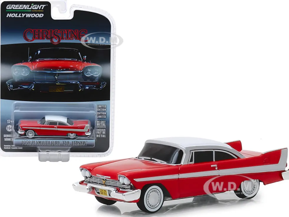 1958 Plymouth Fury Red White Top Evil Version Blacked Out Windows Christine 1983 Movie Hollywood Series Release 24 1/64 Diecast Model Car Greenlight 44840 B