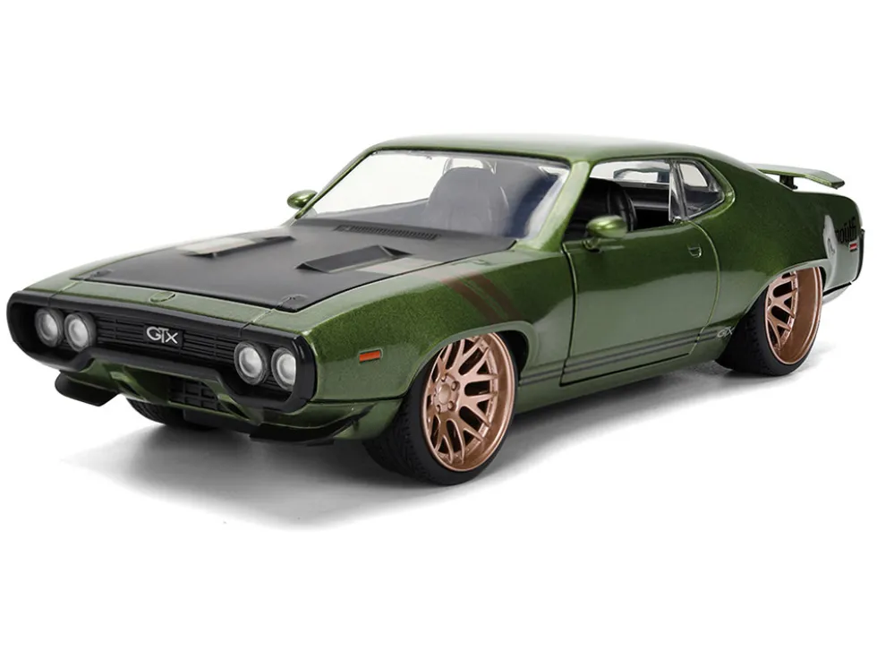 1972 Plymouth GTX Green Metallic with Matt Black Hood and Gold Stripes "Bigtime Muscle" Series 1/24 Diecast Model Car by Jada