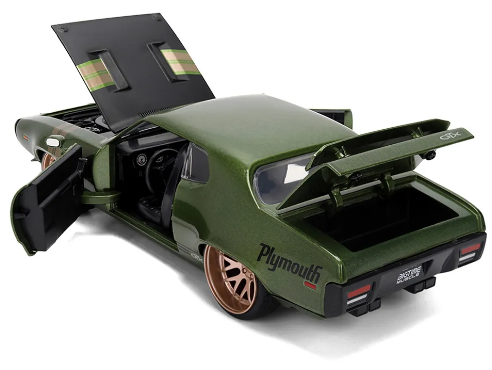 1972 Plymouth GTX Green Metallic with Matt Black Hood and Gold Stripes "Bigtime Muscle" Series 1/24 Diecast Model Car by Jada
