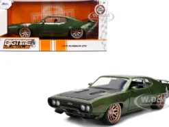 1972 Plymouth GTX Green Metallic with Matt Black Hood and Gold Stripes