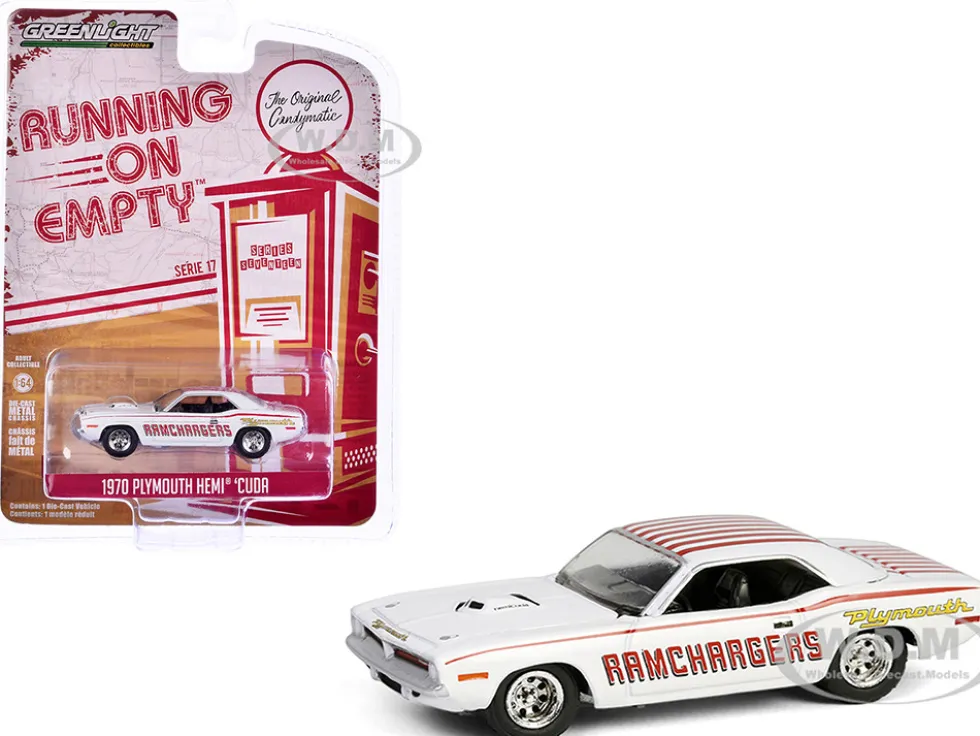 1970 Plymouth Hemi Barracuda "Ramchargers" White with Red Stripes "Running on Empty" Series 17 1/64 Diecast Model Car by Greenlight
