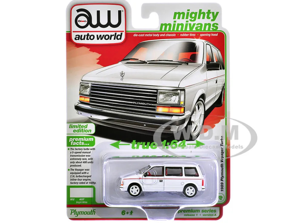 1989 Plymouth Voyager Turbo Van Bright White with Red Stripes and Interior "Mighty Minivans" Series 1/64 Diecast Model Car by Auto World