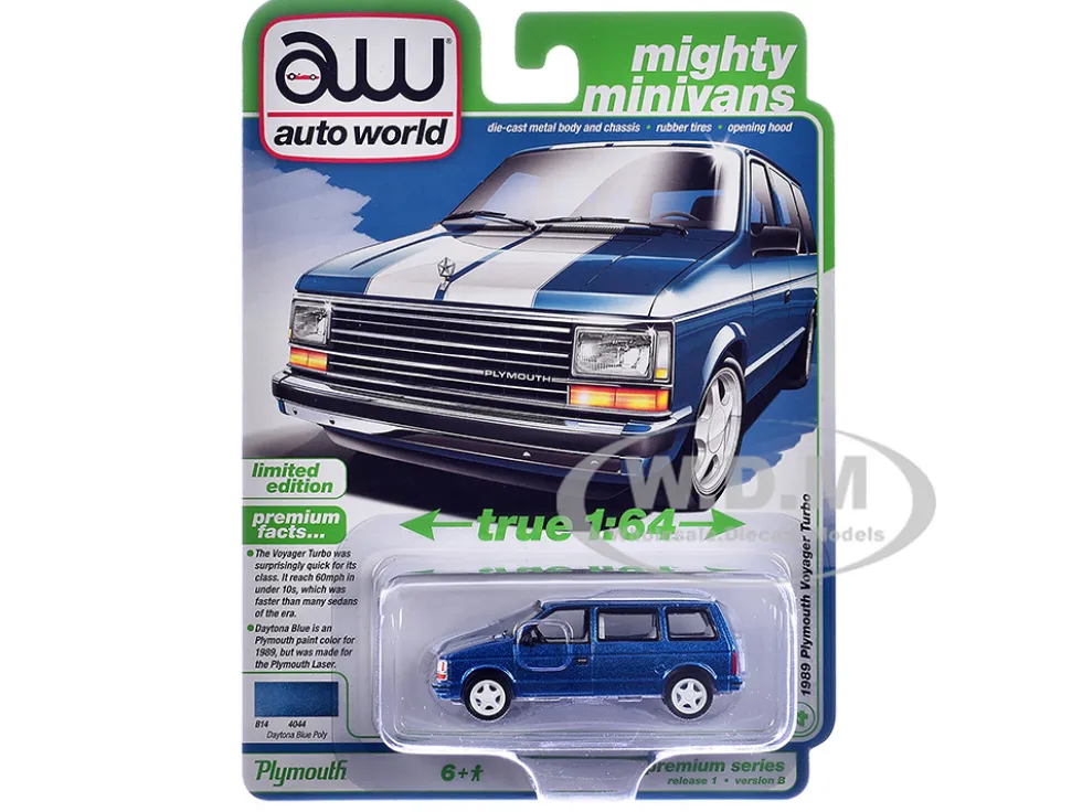 1989 Plymouth Voyager Turbo Van Daytona Blue Metallic with White Stripes and Interior "Mighty Minivans" Series 1/64 Diecast Model Car by Auto World