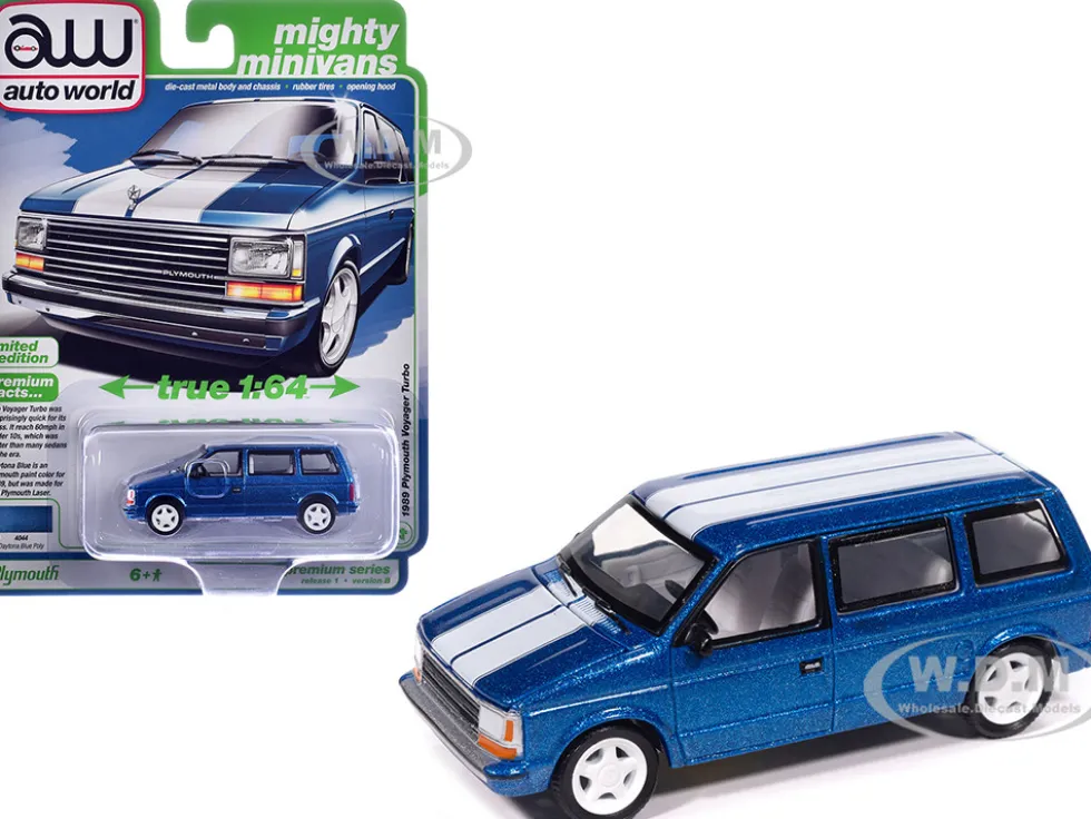 1989 Plymouth Voyager Turbo Van Daytona Blue Metallic with White Stripes and Interior "Mighty Minivans" Series 1/64 Diecast Model Car by Auto World