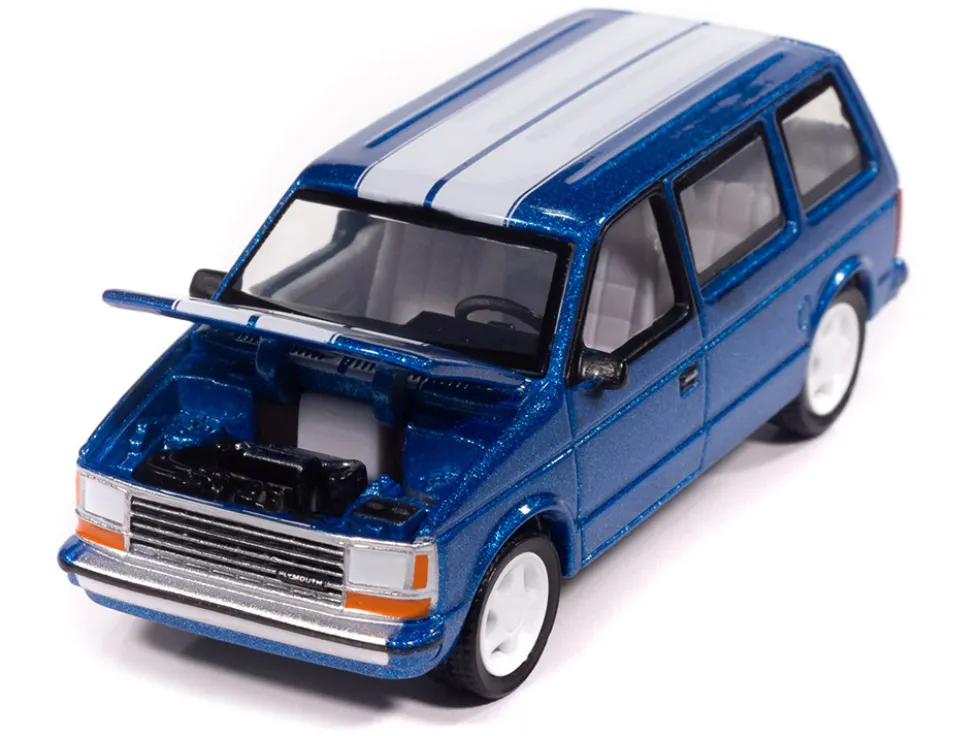 1989 Plymouth Voyager Turbo Van Daytona Blue Metallic with White Stripes and Interior "Mighty Minivans" Series 1/64 Diecast Model Car by Auto World