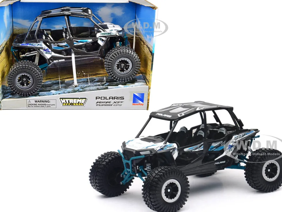 Polaris RZR XP 4 Turbo EPS Sport UTV White with Graphics and Black Top Xtreme Off Road Series 1/18 Diecast Model New Ray 57976A